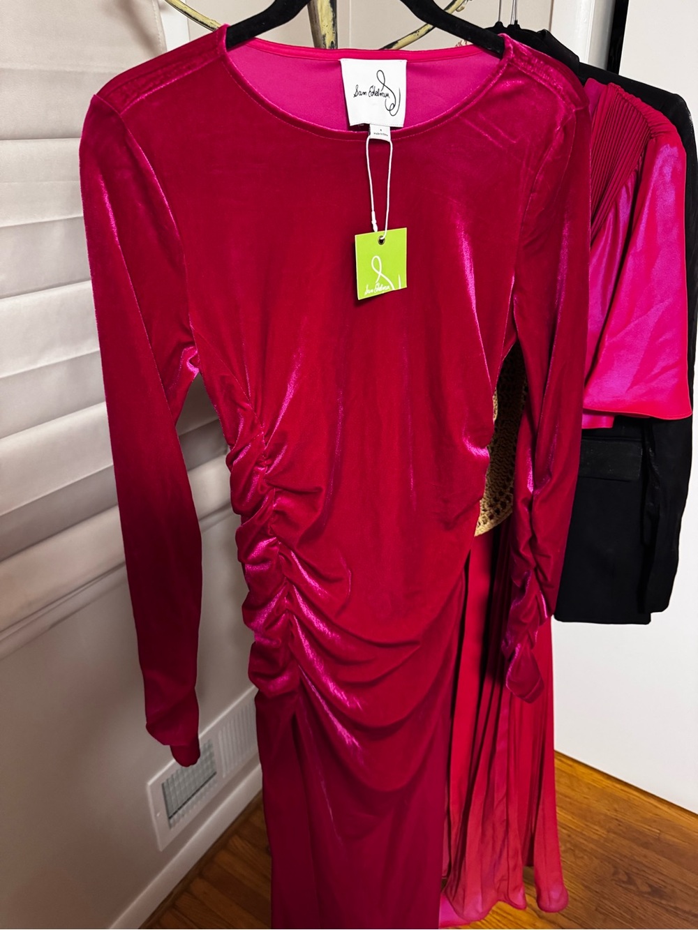Sam Edelman Fuchsia Velvet Ruched Long Sleeve Dress